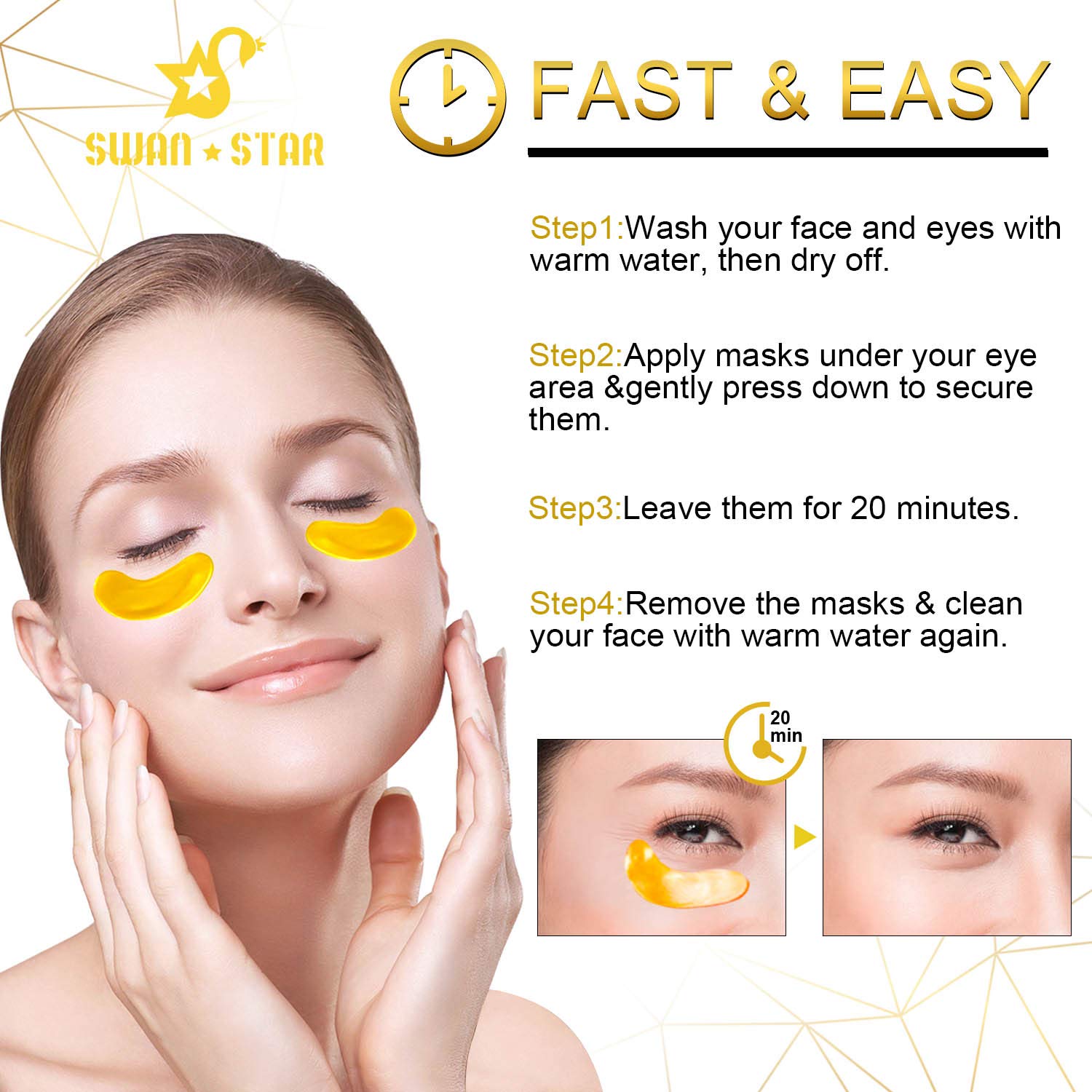 Under Eye Mask, SWAN STAR Under Eye Patches for Dark Circles and Puffiness, 24K Gold Eye Mask Anti-Aging Hyaluronic Acid Collagen Eye Pads for Women and Men, Reducing Dark Circles and Wrinkles Eye Patch, 20 Pairs : Beauty