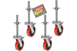 USCaster Adjustable Leveling Scaffolding Wheels Set of 4,6" Scaffolding Caster 1-1/4" OD Scaffold Screw,1200LBS CapacityLocking Stem Casters with Brake,Scaffolding Screw Jacks,Scaffold Leveling Jack