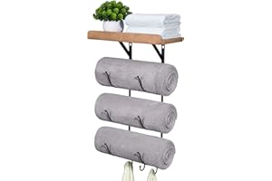 Towel Rack Wall Mounted for Bathroom, IRIIJANE Metal Bath Towel Holder Storage Hand Towels w/Wood Shelf and 3 Hooks for Small Bathroom Organizer Decor or RV Camper, Black