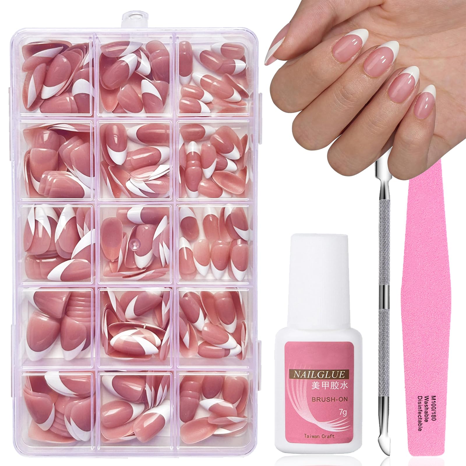 French False Nails - 240 Pcs Almond Press on Nails Set - Fake Nails Nude Pink Color French False Nail Kit - Cute Short Full Cover Stick on Nails Nail Art Manicure for Women