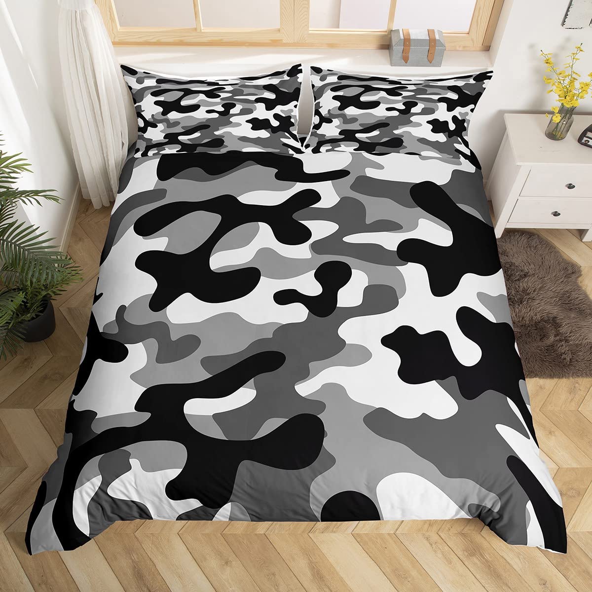 feelingyou Camouflage Duvet Cover Set,Kids Camo Bedding Set,Grey Black White Camo Pattern Comforter Cover for Teen Boys Girls Adult,Ocean Quilt Cover with 2 Pillow Cases King (86 inchx90 inch)