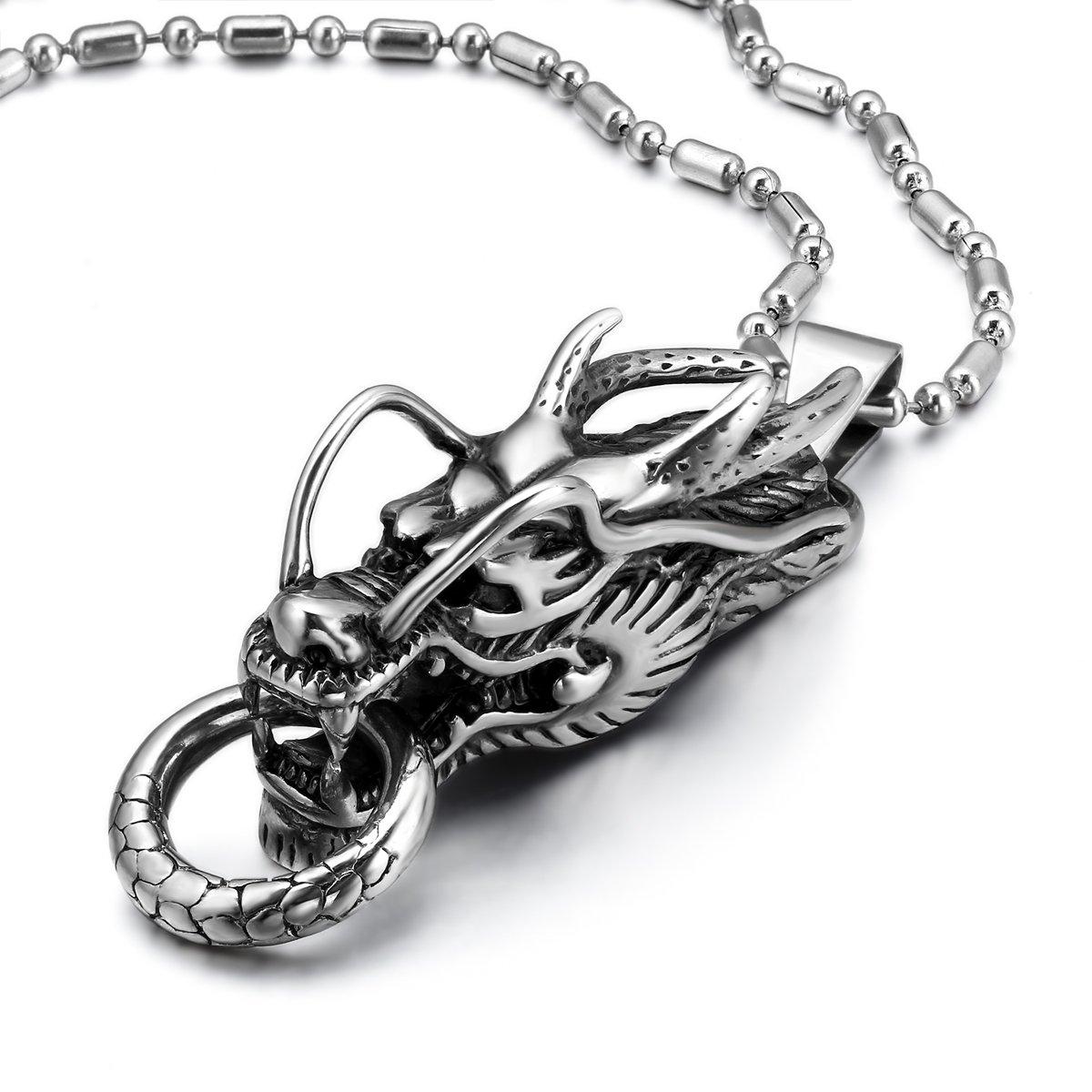 JewelryWe Stainless Steel Cool Vintage Dragon Head Pendant Necklace 22" Chain, Birthday Gift for Men (wit Gift Bag)