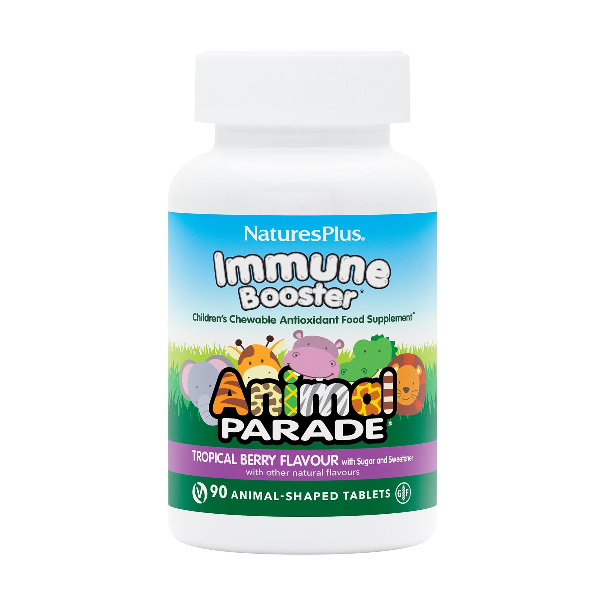 NaturesPlus Animal Parade Kids Immune Booster Chewable Tablets - Vitamin C, Zinc, Vitamin D, A, Herbs for Immune Support - Gluten Free, Vegan - 90 Tablets