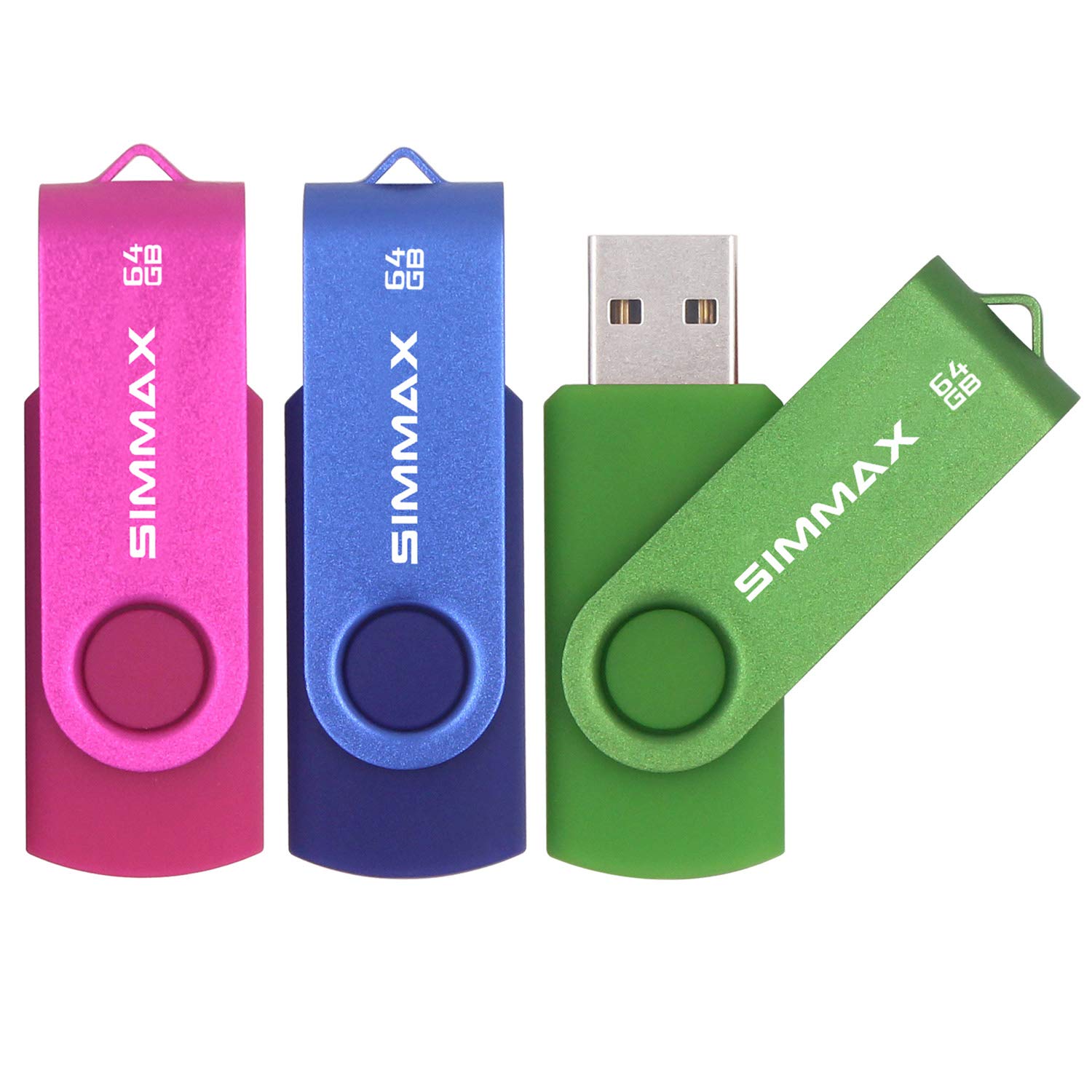 SIMMAX 3 Pack 64GB Memory Stick USB 2.0 Flash Drives Swivel Thumb Drive Pen Drive (64GB Pink Blue Green)