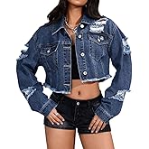 DvaeMalligo Women's Cropped Denim Jacket Ripped Button Down Long Sleeve Raw Hem Distressed Short Jean Jackets