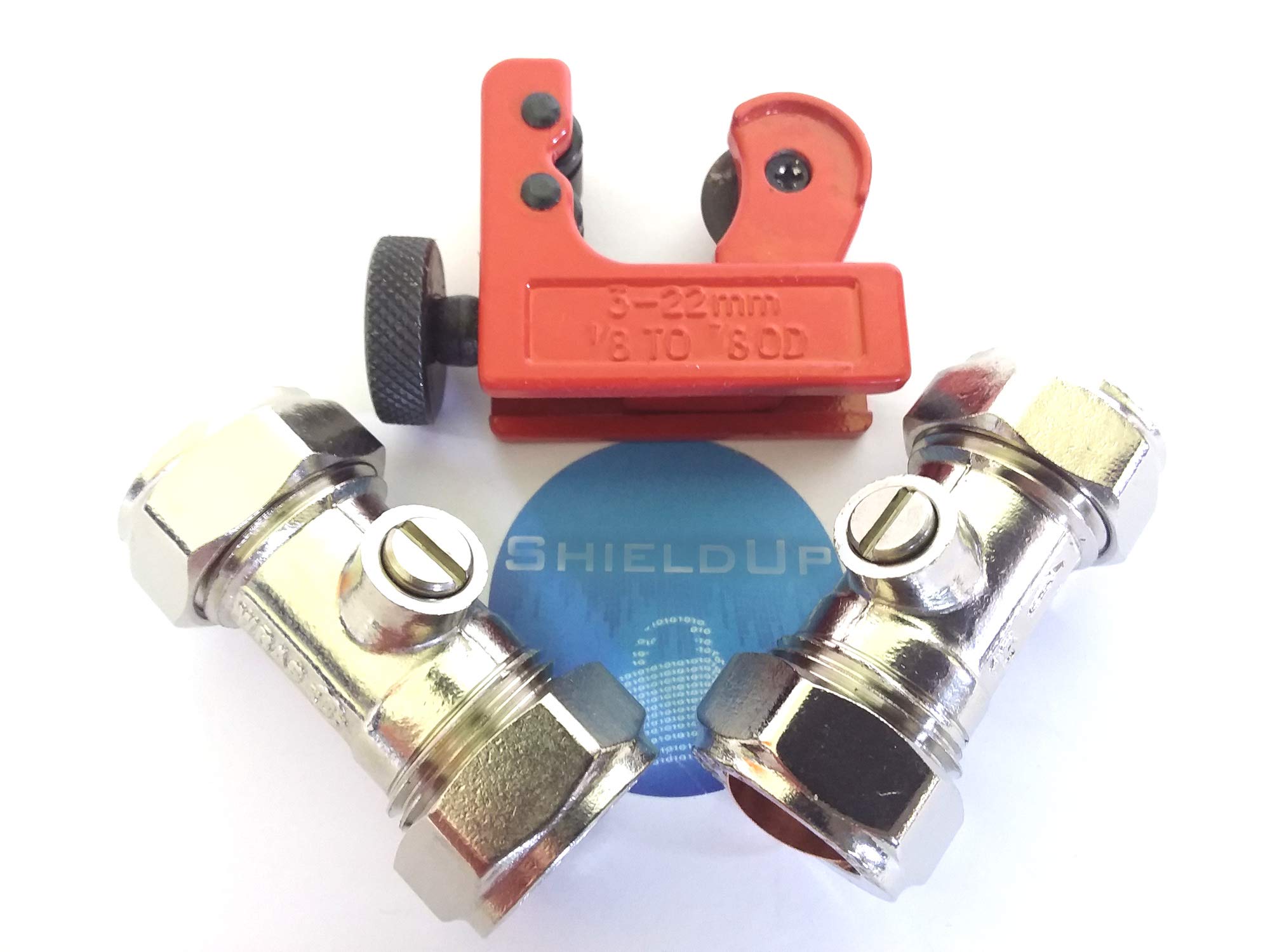 Pair of 15mm Chrome Plated Isolating Valves Plus Pipe Cutter