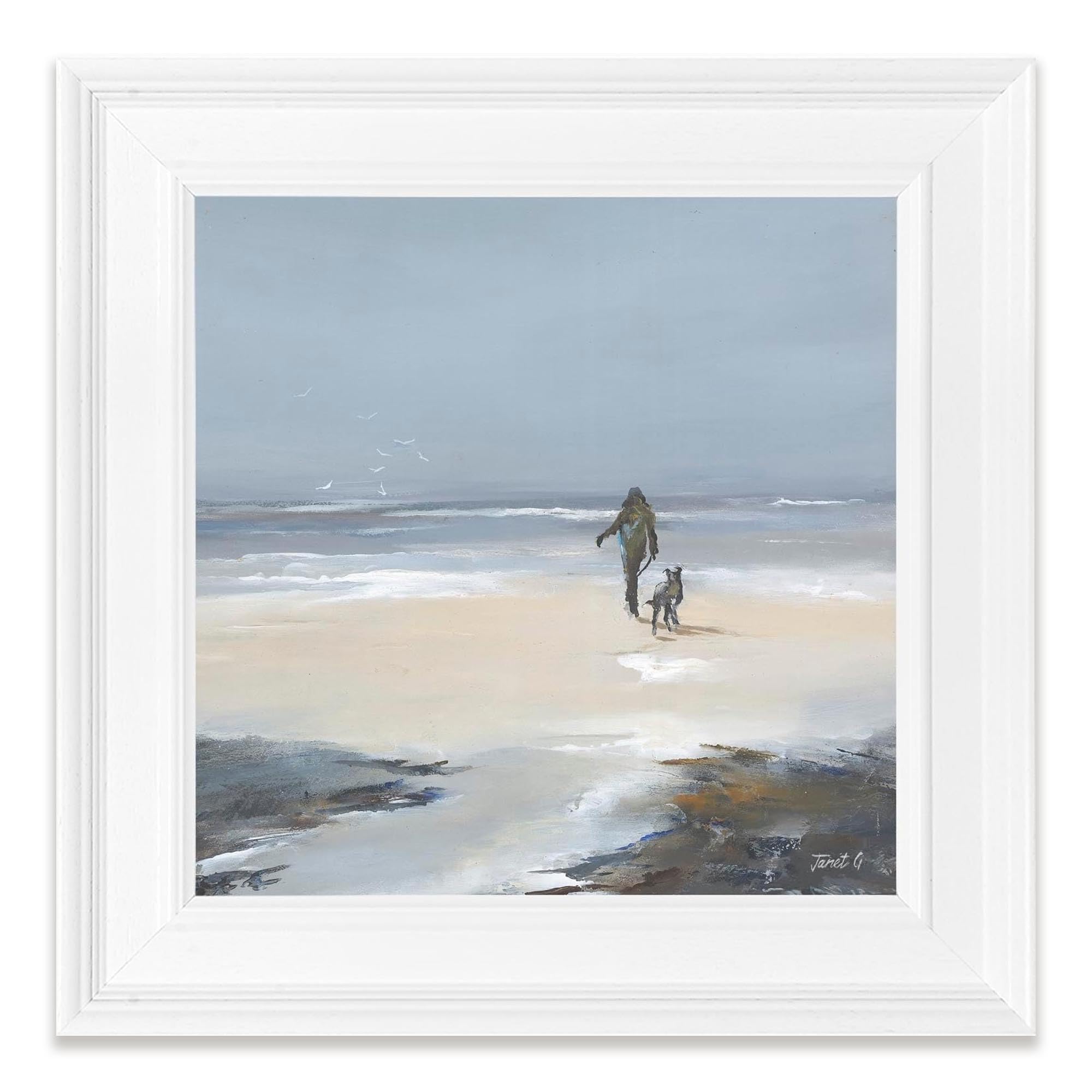 Artko Coastal Dog Walk Framed Print Wall Art - ‘Beach Walk I’ by Janet Gammans - Tranquil Seaside Picture - Ready to Hang Home Décor - 39 x 39 cm