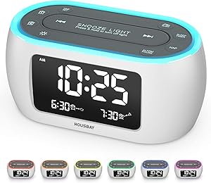 Housbay Glow Small Alarm Clock Radio for Bedrooms with 7 Color Night Light, Dual Alarm, Dimmer, USB Charger, Battery Backup, Nap Timer, FM Radio with Auto-Off Timer for Bedside(White)