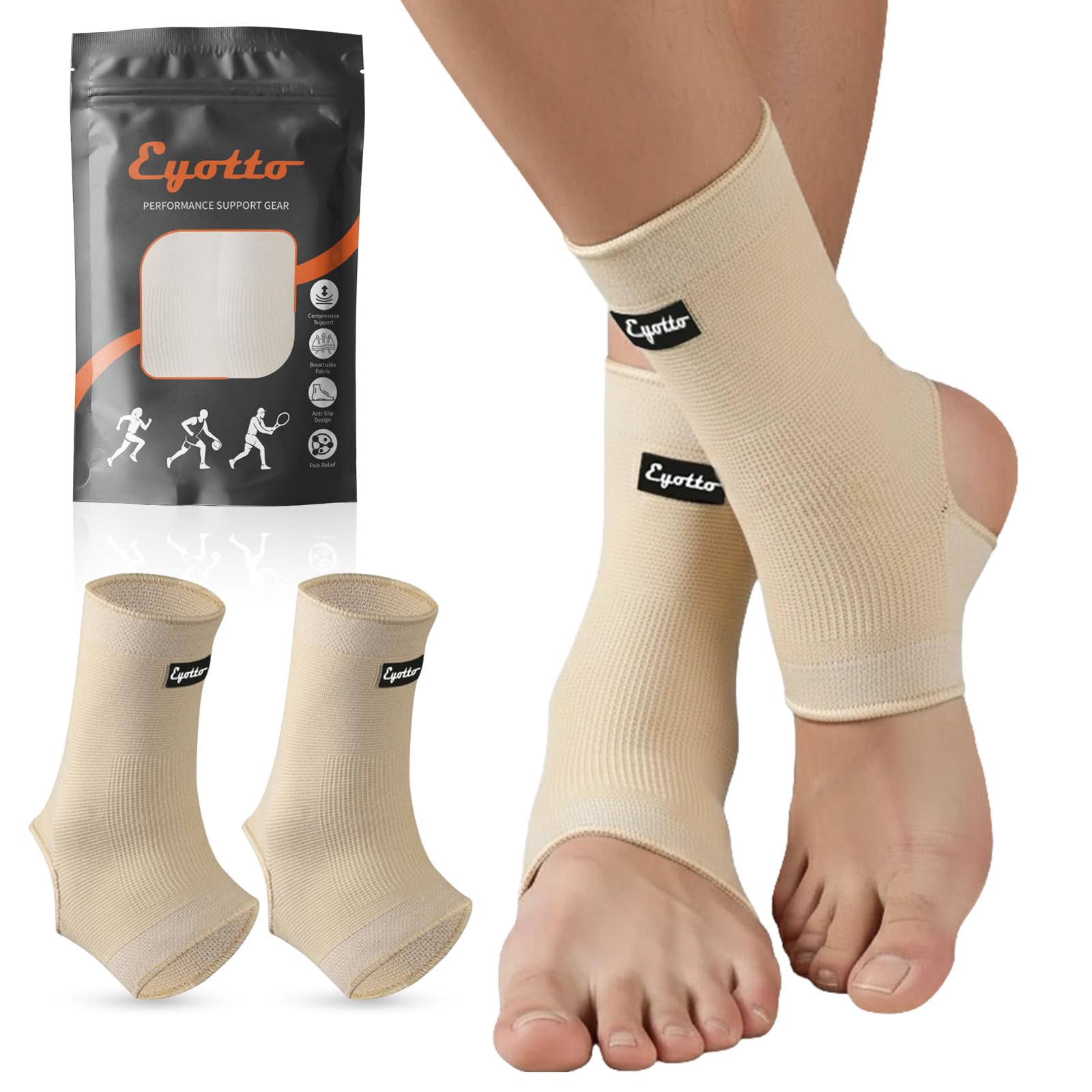 eYotto Compression Ankle Sleeve For Men Women(2 PACK), Breathable Ankle Support Brace Compression Sock For Men Women for Swelling, Plantar Fasciitis, Sprain, Pain Relief, Running