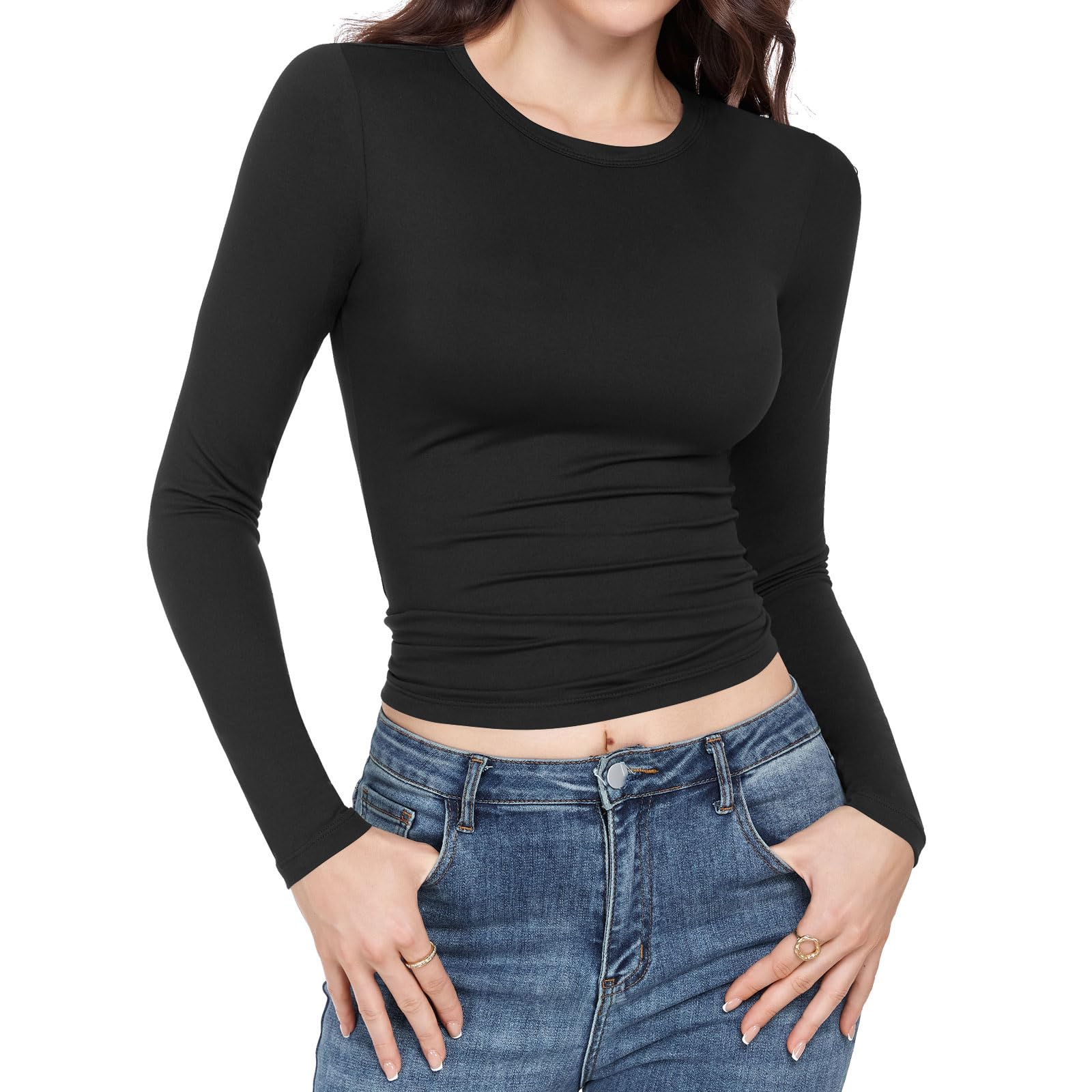 Photo 1 of TNNZEET Long Sleeve Shirts for Women-Underscrub Crew Neck Slim Fit Basic Tops for Teens Workout Going Out Y2K Fall Fashion 2025 Black
