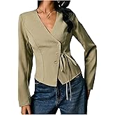 MakeMeChic Women's Wrap V Neck Blouse Button Down Tie Front Business Casual Dressy Tops