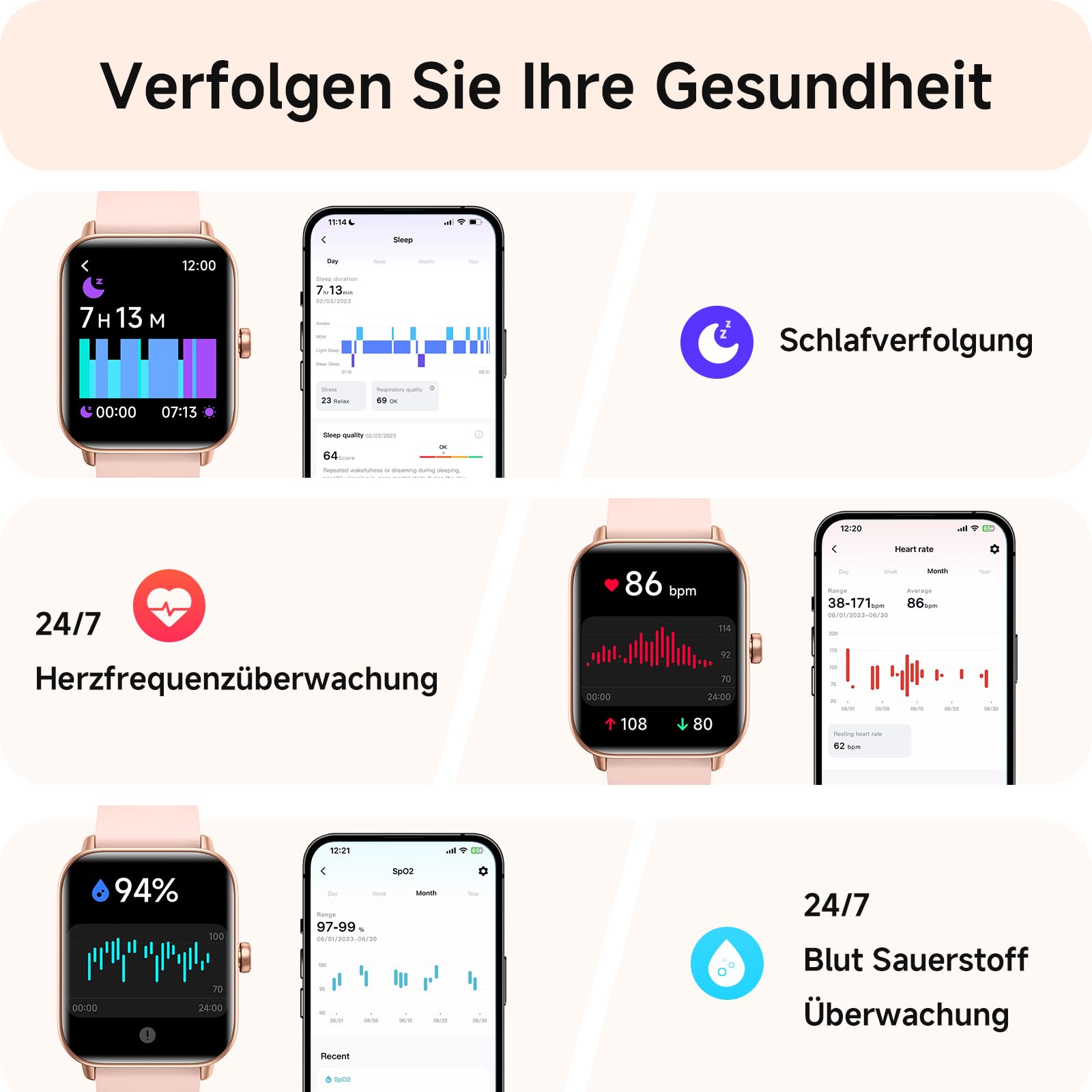 Smartwatch Damen mit Telefonfunktion,1.8" Smart Watch Fitnessuhr mit Whatsapp und Alexa,Herzfrequenz Schlafmonitor,120+ Sportmodi Fitness Tracker,IP68 Wasserdicht Uhren Damen für Samsung/Android/iOS 3