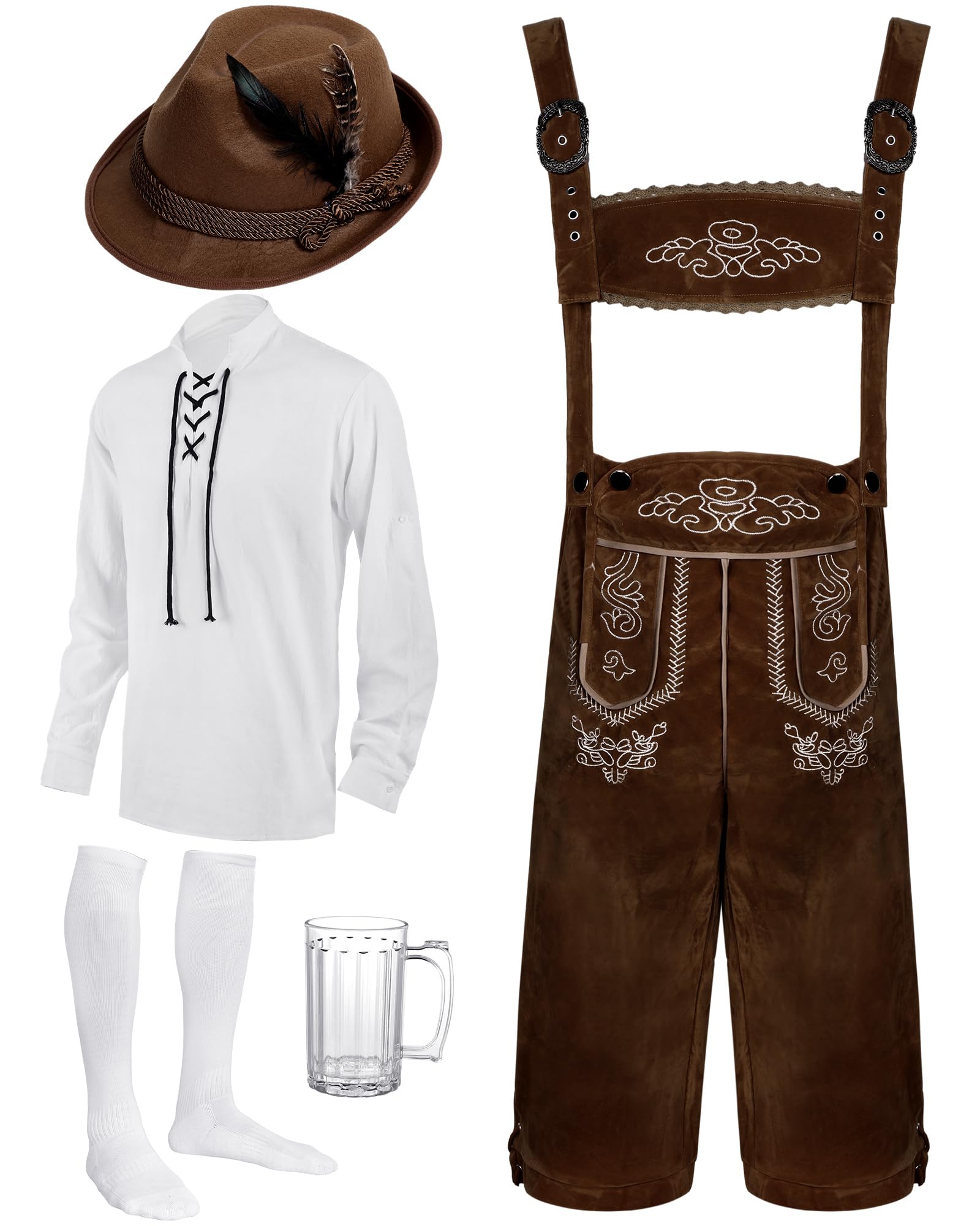 Photo 1 of **MISSING HAT**Toulite 6 Pcs German Oktoberfest Costume Set for Men Lederhosen Suspender Shirt Hat Socks Beer Stein for Festival(Medium,Coffee Color)