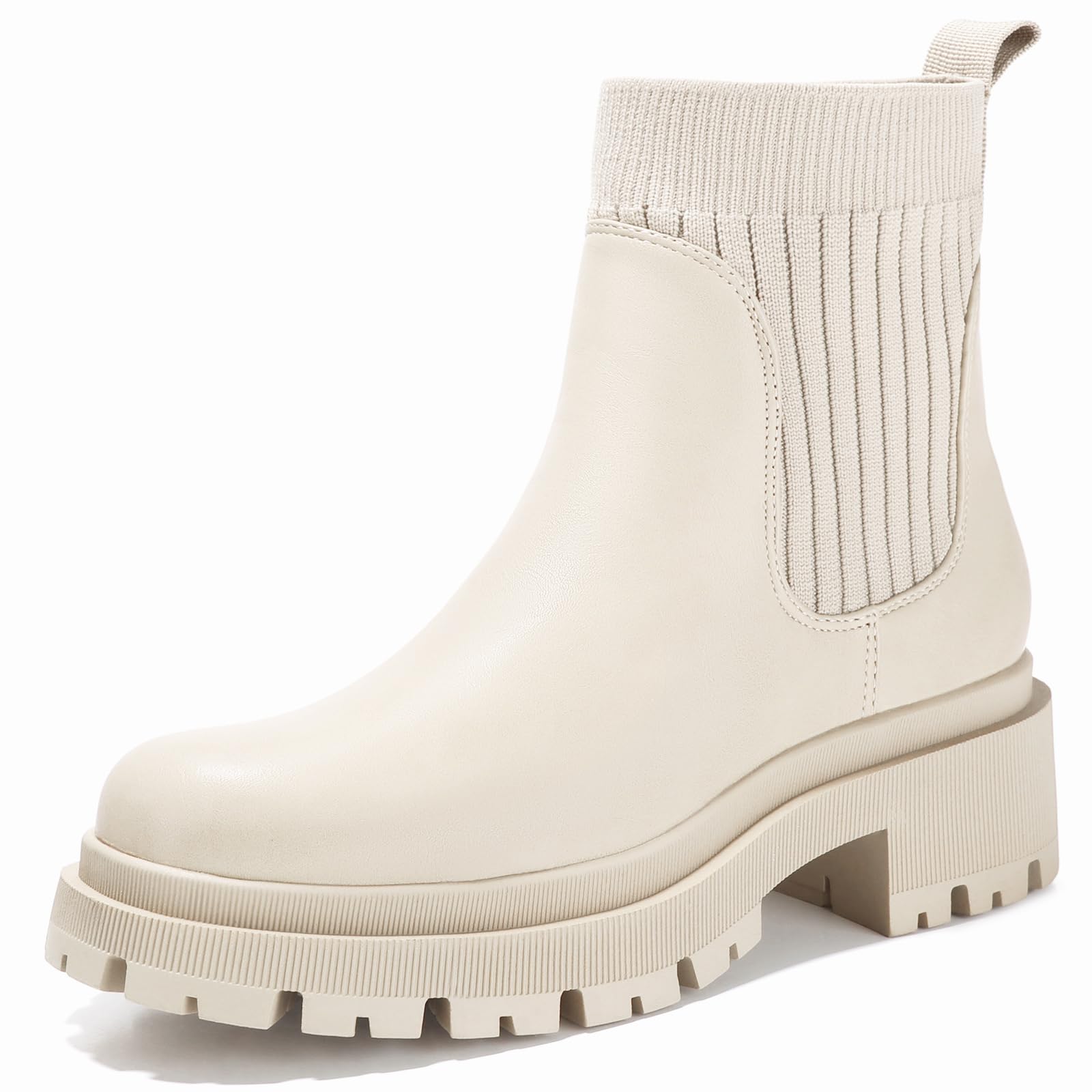 Photo 1 of Bacia Chunky Boots for Women Ankle Boots Casual Platform Boots Lug Sole Chelsea Boots Low Heel Short Boots Beige White Size 7.5