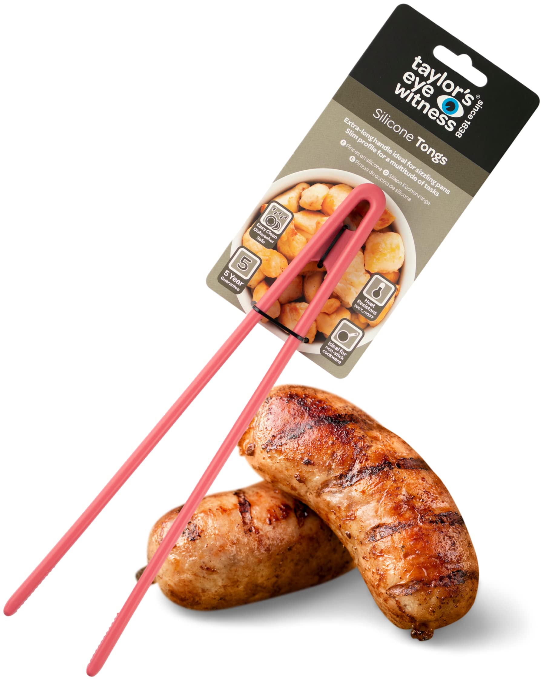 Taylors Eye Witness Large Raspberry Silicone Gripping Tongs - Dishwasher Safe. Sturdy Build, Non-Scratch Grip Heads, Long Handle. Odour, Stain & Heat Resistant (260°C/500°F). 5 Year Guarantee
