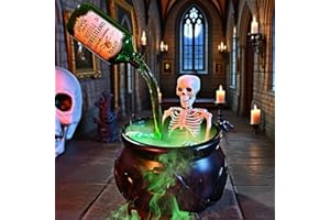 LINGYUN Witches Cauldron for Halloween Decor with Magic Floating Potion Bottles and Mist Maker,Flame Bucket ,Skeleton,Black Plastic Bowl for Home Decor Spooky Vintage Home Room,Halloween Decorations Indoor