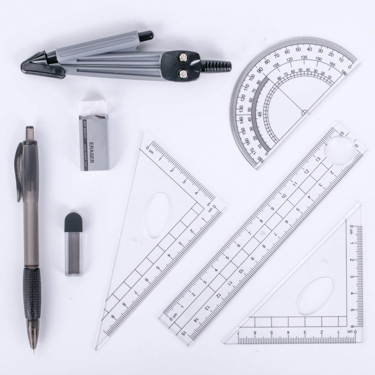 Math Geometry Kit Set 8 Pieces Student Supplies with Shatterproof Storage Box,Includes Rulers,Protractor,Compass,Pencil Lead Refills,Pencil,Eraser Students and Engineering Drawings - Image 4
