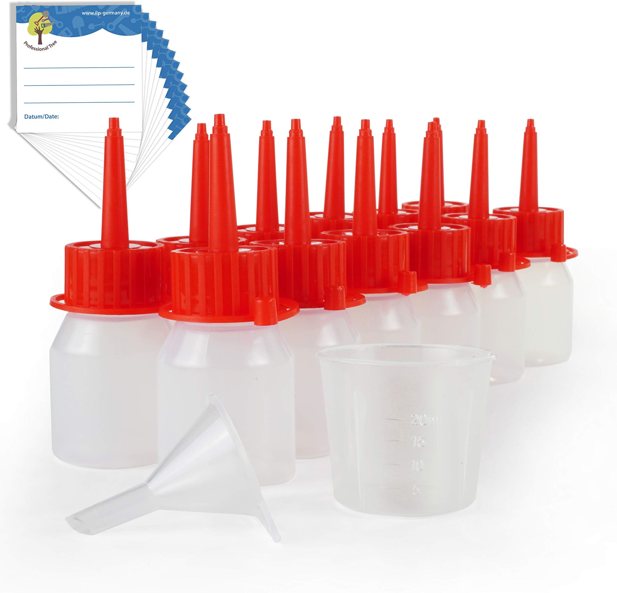 ProfessionalTree® 12x30 ml Liquid Dropper Bottles with Funnel Measuring Beaker 12 Labels -Injection Lock - Measure Store Liquids - Child-Proof Lock - LDPE Material