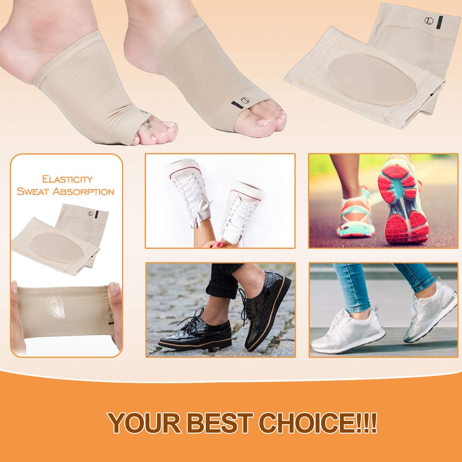 Compression Arch Support Sleeves Sock Mixed with Comfort Gel Pad, Elastic Bandage Arch Flatfoot Orthotics Massage Insoles Pads - Complexion & Black(2 Pair): Health & Personal Care