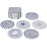 BOPART Absorbent Coasters Set of 6 with Holder, Ceramic Coasters with Cork Base for Table Protection, Coffee Bar Drink Coaster House Warming Gifts Home Decor