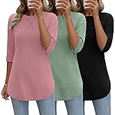 Riyiper 3 Pack Elbow Length Tee Shirts for Women 3/4 Sleeve Tunic Tops Round Neck Curved Hem Leggings Blouse