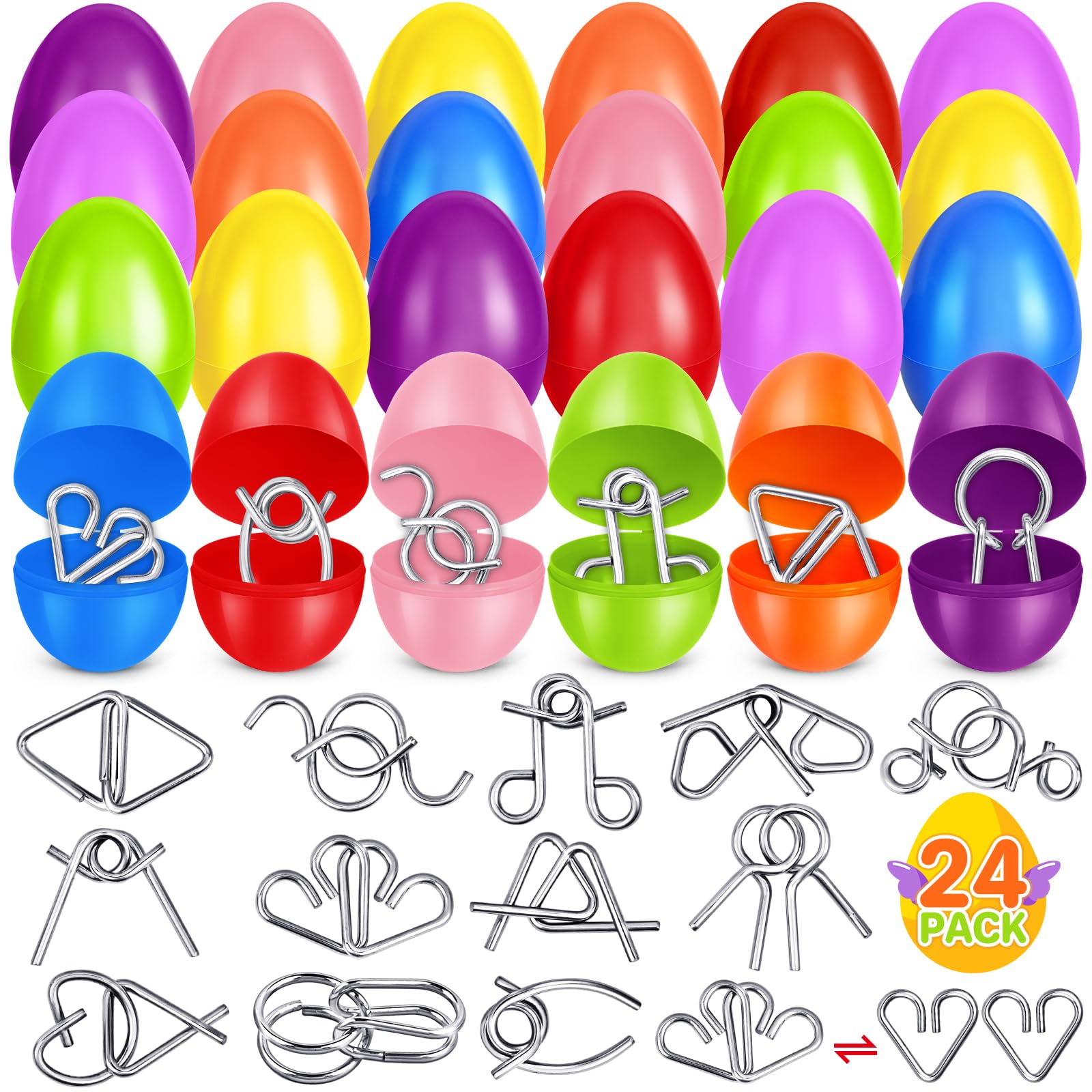 Shemira 24 Pack Easter Eggs Filled with Metal Brain Teaser Puzzle Toy for Easter Egg Hunt, Filled Easter Eggs For Teens, Easters' Goodie Bag Stuffers, Easters' Party Favors Basket Essentials,