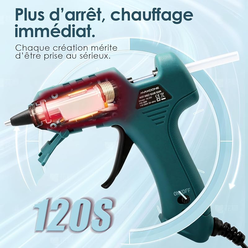 Pistolet à Colle Chaude 50 W 80 Bâtons de Colle Chaude pour Petits Travaux Manuels et Réparations Rapides à la Maison et au Bureau