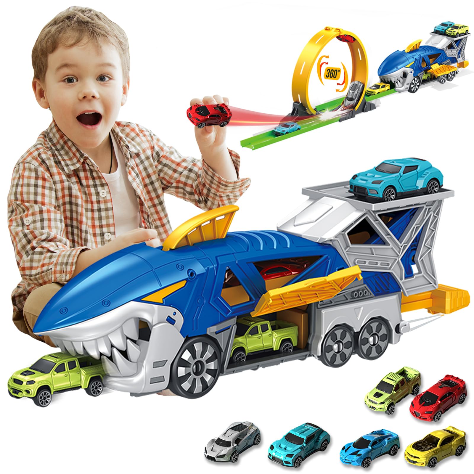 Photo 1 of Frontoytall Shark Racing Car Playset with Carrier Truck, Loop Track & Launcher – 6 x 1:64 Scale Race Vehicles, STEM Toys for Kids 3-12, Quick Assemble, Durable ABS Plastic (ASTM Certified)
