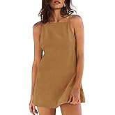 Yanekop Womens Linen Mini Dress Spaghetti Strap Short Beach Summer Dresses Sleeveless Sundress Open Back Dress
