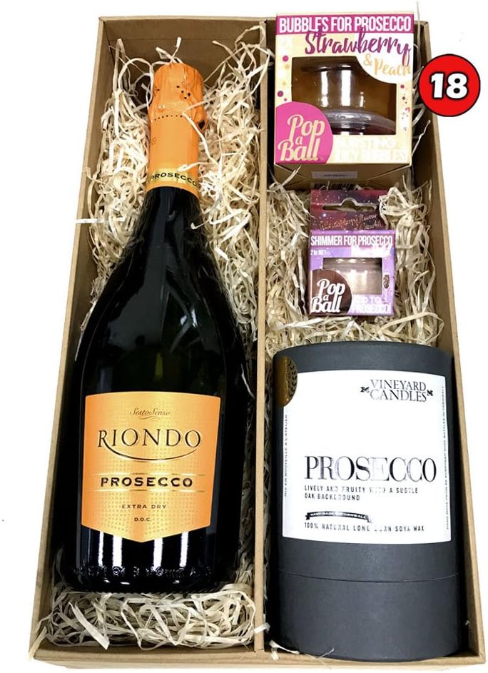 Prosecco - Luxury Gift Hamper (2) - containing Riondo Prosecco and Prosecco Candle and Prosecco Popaball packs
