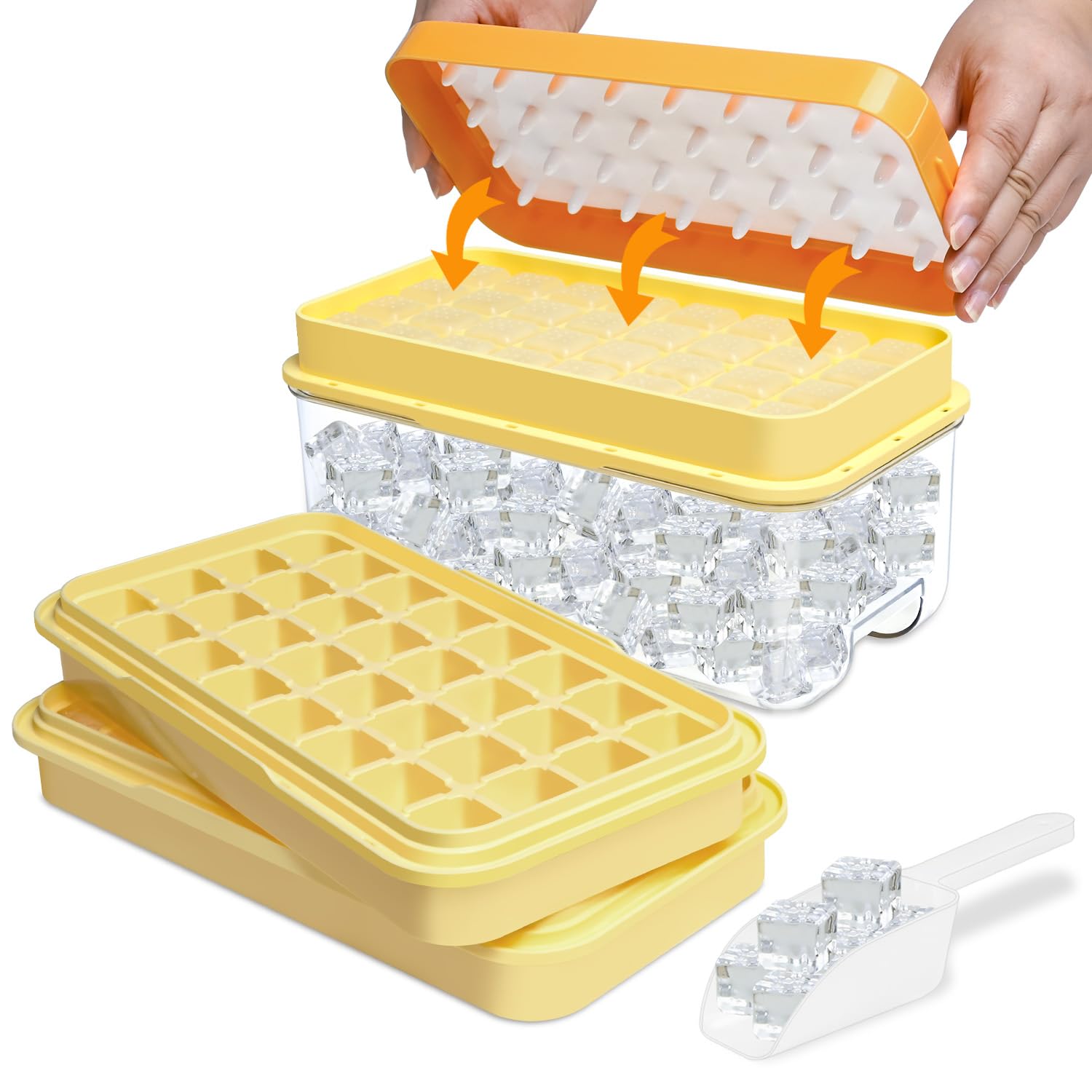 Ice Cube Tray, Ice Cube Tray with Lid and Bin Making 64 pcs Ice Cubes, Easy Release Ice Cube Moulds for Freezer, Whiskey, Cocktail and Drink(Yellow)