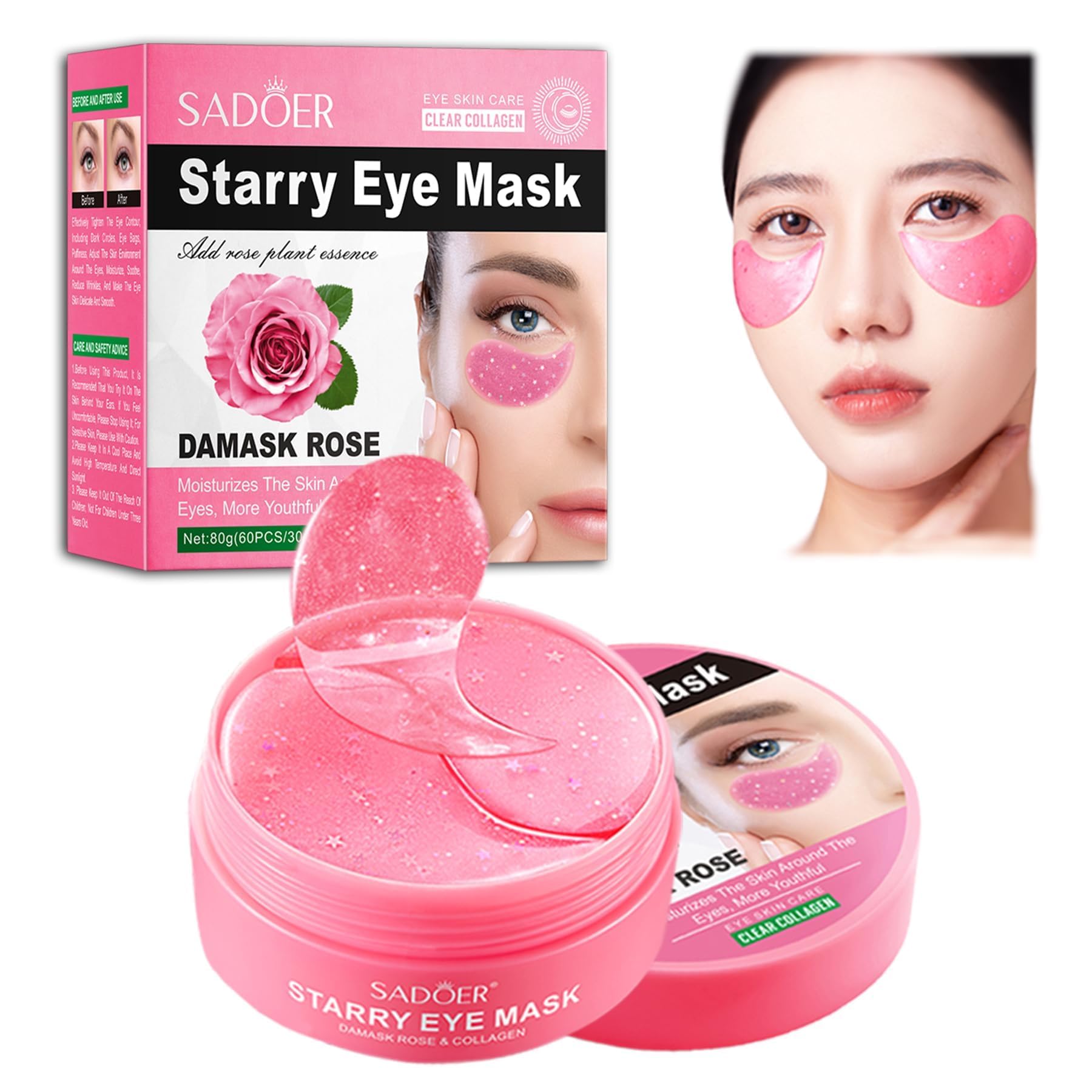 Under Eye Patches, Collagen Under Eye Mask, Dark Circles Under Eye Treatment, Puffy Eyes Bags Under Eyes Removal, Anti-Aging, Reduce Wrinkle, Skincare, Hydrating - 30 Pairs (Rose)