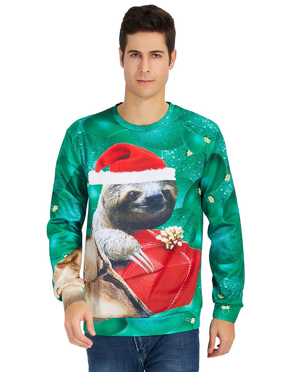 RAISEVERN Unisex Ugly Christmas Sloth Print Xmas Pullover Sweater Sweatshirt for Teen Boys Girls L Funny Sloth