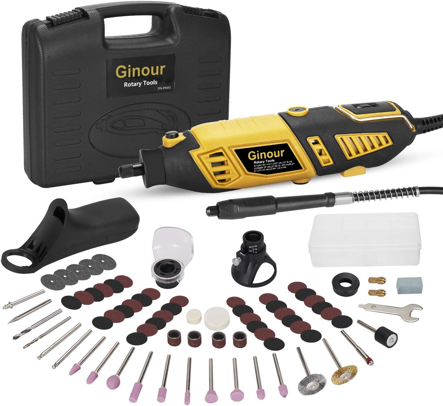Ginour Rotary Tool Kit, 110 Accessories + 4 Attachments, Rotary tool accssories with Flex shaft in Carrying Case, 7 Variable Multi-functional rotary tool for Crafting Projects and DIY Creations