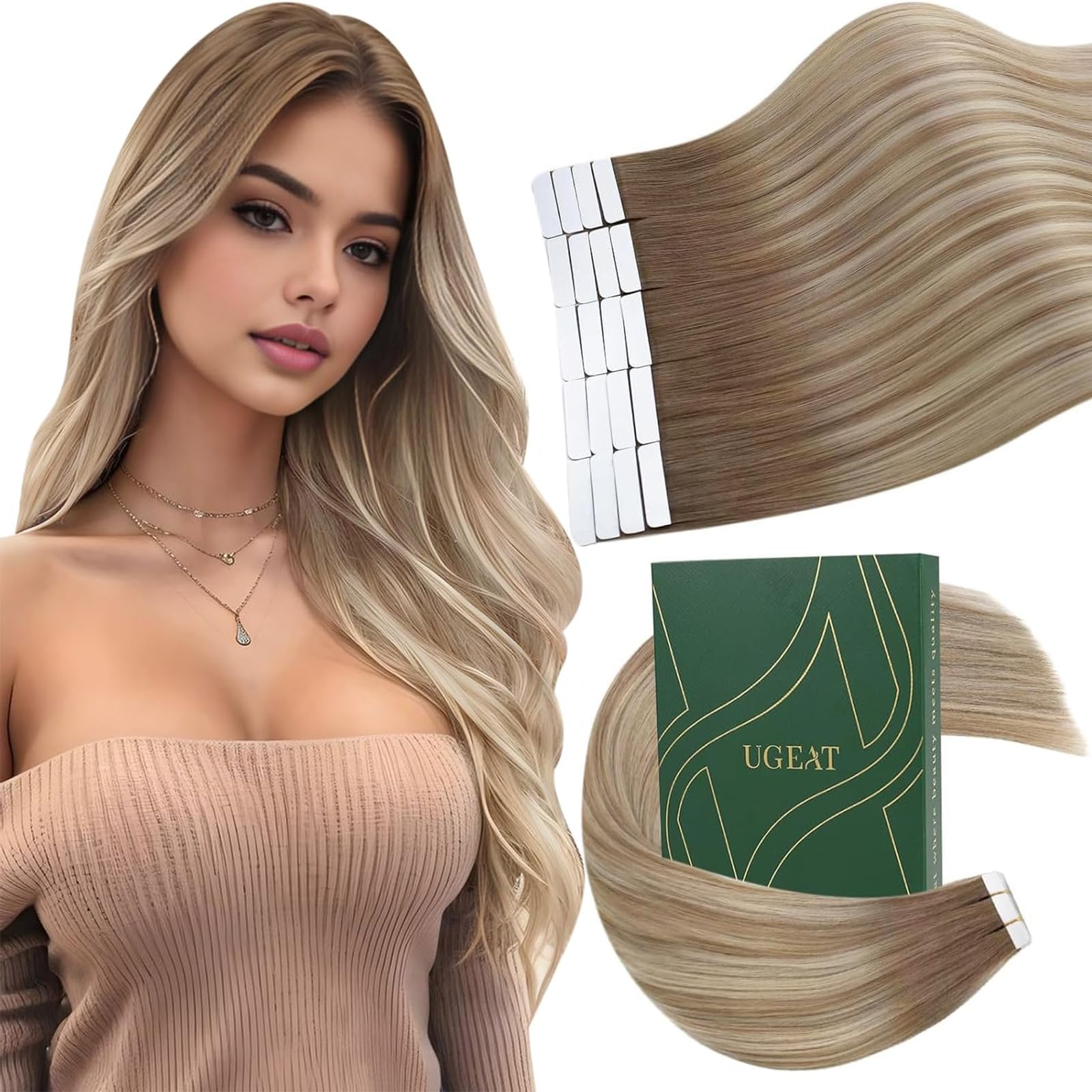 Ugeat Invisible Tape in Hair Extensions Human Hair Ombrev Blonde 18 Inch Hair Extensions Tape in Human Hair Blonde Balayage Medium Brown Smooth 50G 20Pcs #9A/60/9A for Wedding — image 1