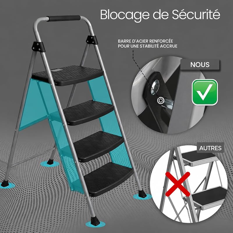 Escabeau 4 Marches Pliable, Acier et Aluminium, Poignée Rembourrée