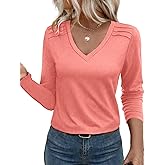JUSTFASHIONNOW Pleated Long Sleeve Shirts for Women V Neck Dressy Casual Business Blouses Fall Tops 2025 Trendy