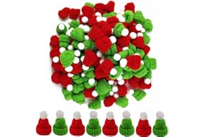 GXXMEI 55PCS Mini Christmas Knit Hats - Doll Craft Hat & Tree Ornaments - DIY Hair Accessories (Red and Green)