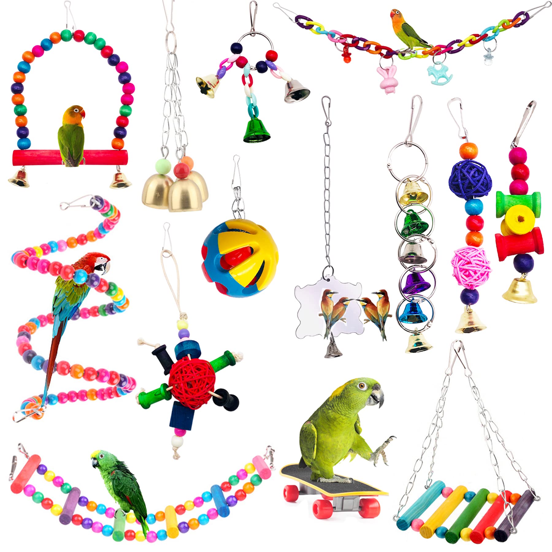 BIPY 14 PCS Bird Parrot Toys Cage Hanging Bell Ball Hammock Swing Ladder Toy Pet Bird Mirror Scooter Chewing Perches Wooden Toys for Parrots Parakeets Birds Finches Random Color — image 1