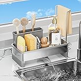 SOVGIZF Sponge Holder for Kitchen Sink,Sink Caddy Organizer with Removable Brush Holder,Kitchen Countertop Soap Dispenser Storage with Detachable Towel Rack, Grey