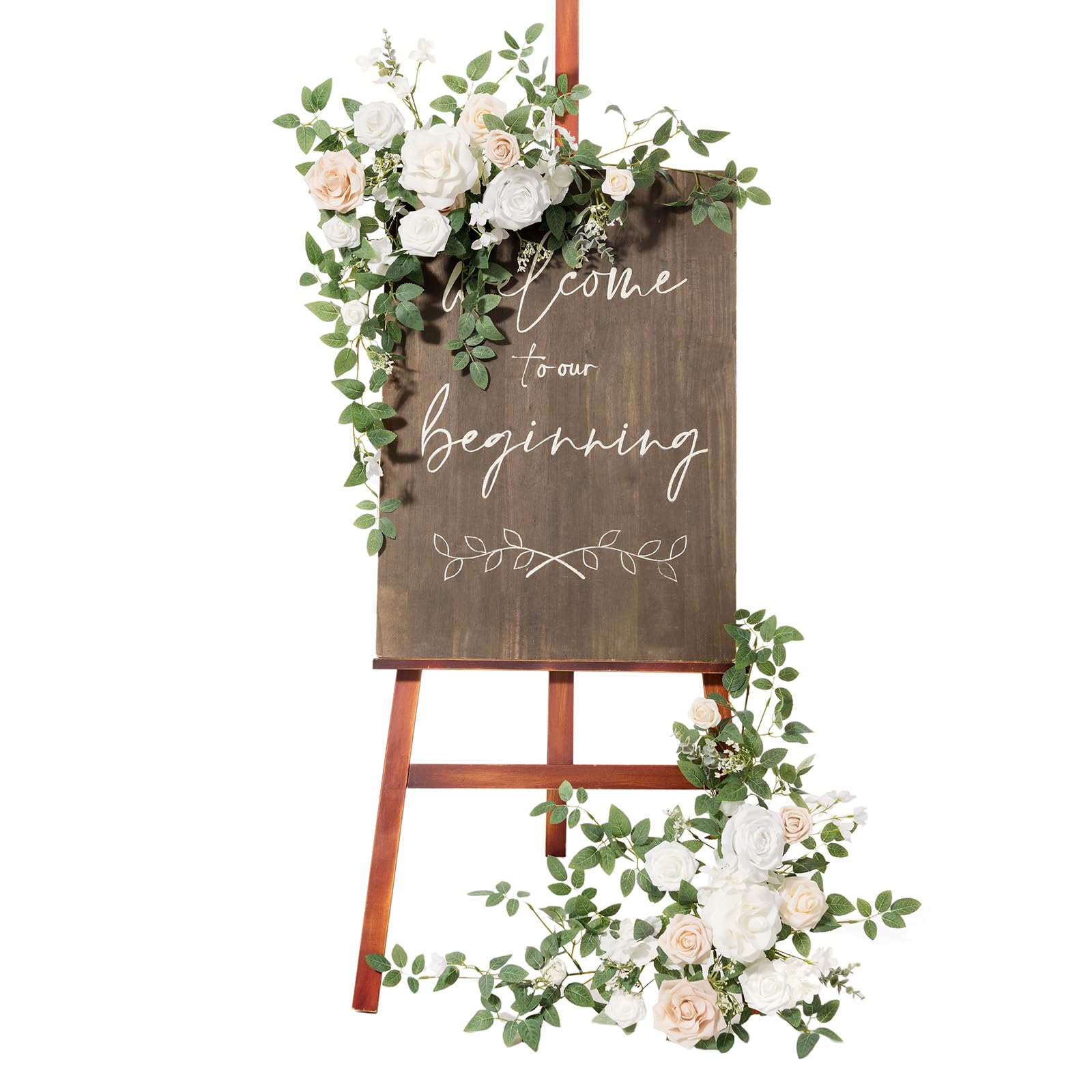 Photo 1 of Ling's Moment 2pcs Wedding Flowers Garland Artificial Floral Swag Arch Decorations Rose Greenery Arrangements White & Sage Ceremony Reception Garden Easel Wall Entryway Outdoor board(NOT Include Sign)