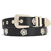 CHXRRPGC Women Studded Belt Rhinestone Floral Rivet Punk Y2K Faux Leather Skinny Belts for Jeans Pants Dresses