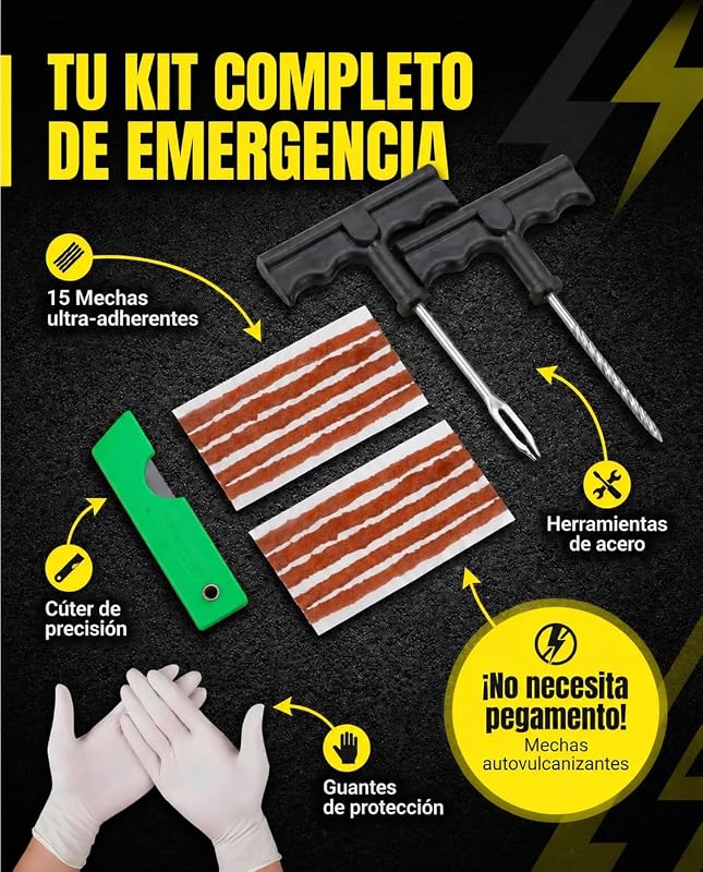 Kit Antipinchazos Coche, 15 Mechas, 2 Herramientas en T, Guantes y Cúter
