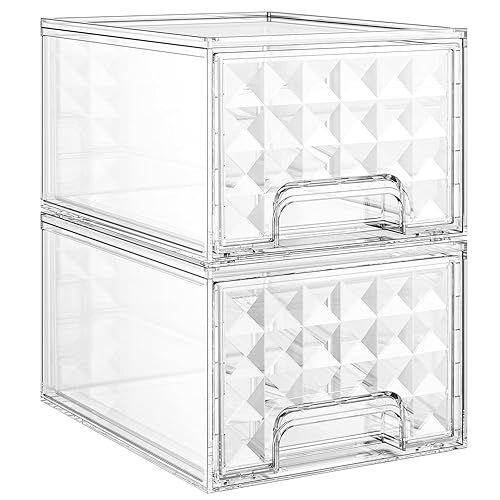 Delamu 2 Pack Stackable Storage Drawers, Makeup Skincare Holder Vanity Storage Organizer, Plastic Drawers For Vanity Desk, Undersink, Kitchen Cabinet, Pantry, Bottle Organizer Baby And Storage,Clear