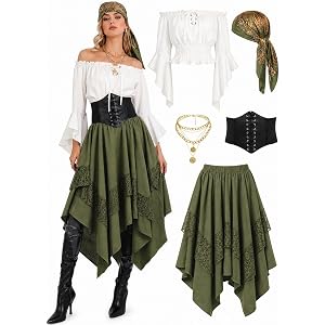 Wianja Pirate Costume Women 5pcs Renaissance Medieval Outfit Pirate Dress with Pirate Accessories