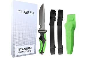 TI GEEK Titanium Survival Scuba Diving Fixed Blade Knife w Sheath & Straps - Holster on Divers BCD, Thigh/Leg, GC Belt Buckle or Wrist, Cutting, Serrated Edge & Line Cutter
