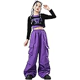 LOLANTA Girls Hip Hop Dance Clothes 2 Piece Outfits Jazz Team Long Sleeve Crop Top Cargo Pants Set