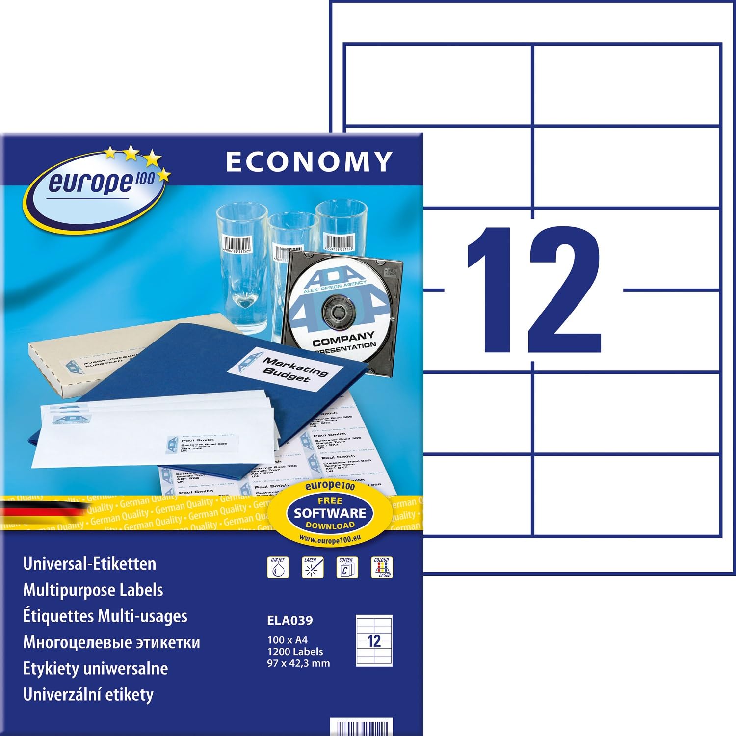 europe100 ELA001 Universal Labels 38 x 21.2 mm 97 x 42.3 mm