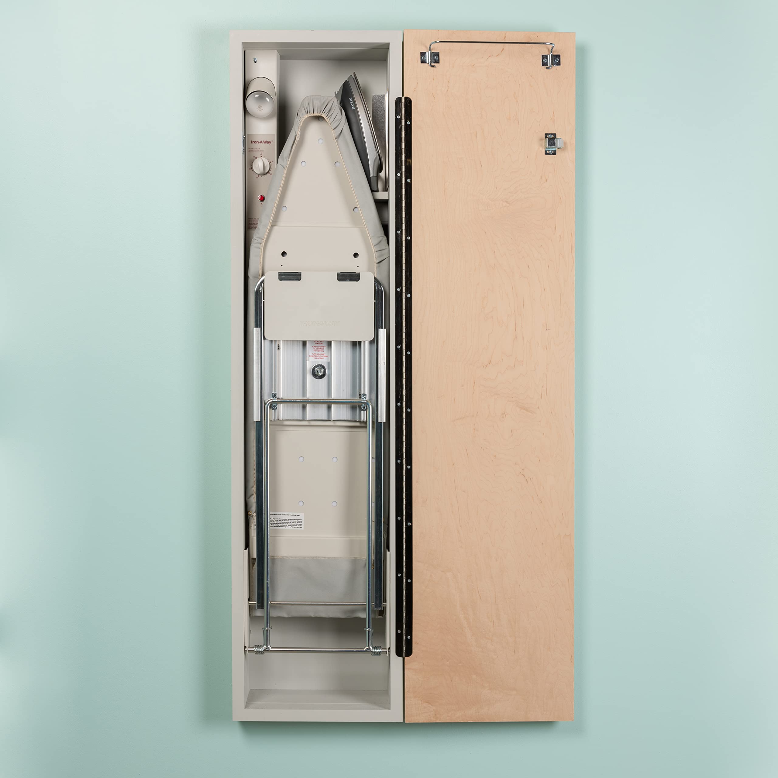 Iron-A-Way Built-In Ironing Center with 46 Inch Swiveling Ironing Board, Electrical System, Hot Iron Storage and Flat Maple Veneer Door-AE46WDU