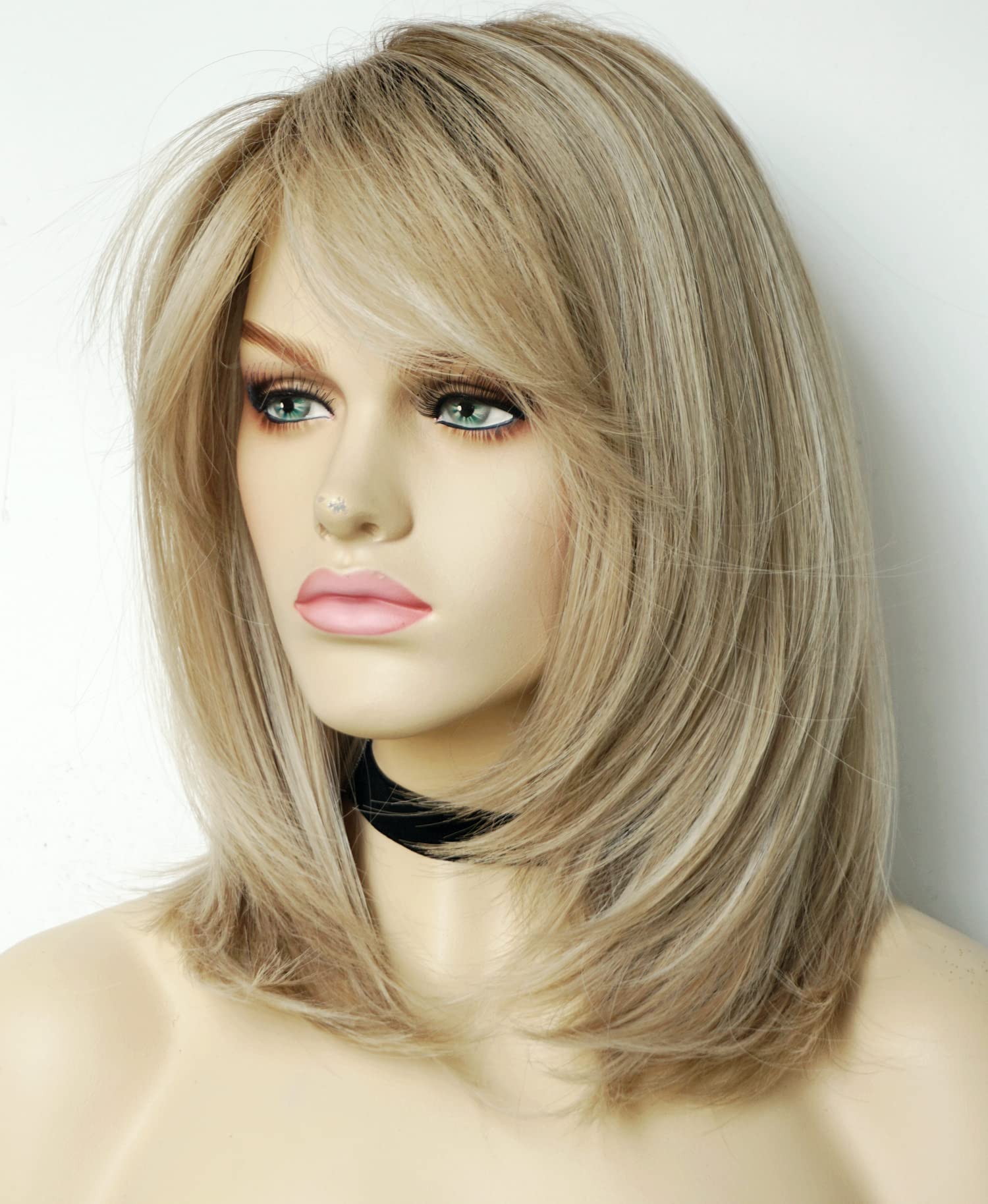 Photo 1 of Wigs for white women blonde bob wig medium length wigs for women Sandy blonde with dark roots Synthetic wig for white Women (Sandy bob)